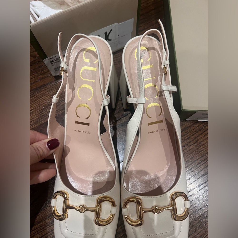 Gucci GG Slingback Horsebit Pumps Chunk Heel Heels Mystic White Leather Sz 41 - Picture 15 of 15